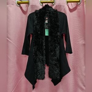 Lauren Michelle Black Faux-Fur Trim Open-Front Cardigan Sz PM (S)